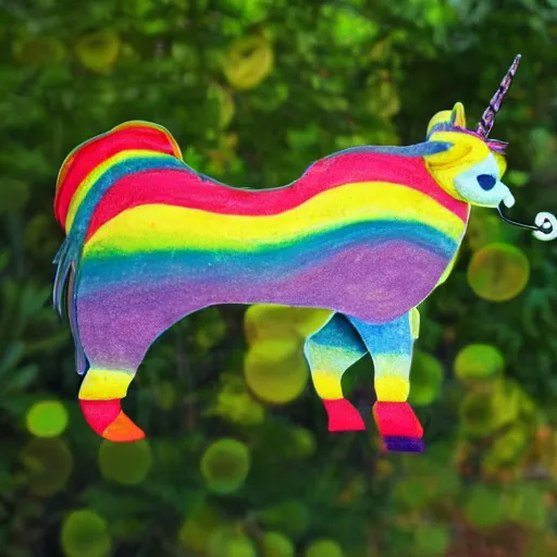 Prompt: photo of a hybrid between a bee and a rainbow unicorn