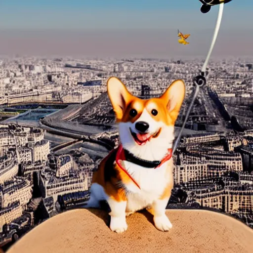 Prompt: corgi operating a helicopter flying over the Eiffel Tower, cute, realistic, happy, smiling