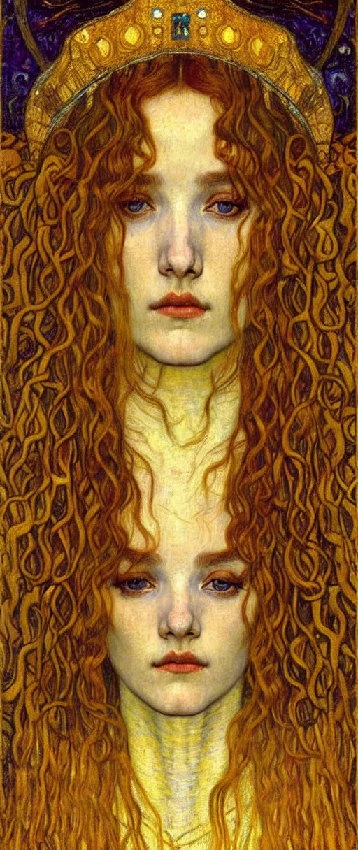 Image similar to detailed realistic beautiful young medieval queen face portrait by jean delville, gustav klimt and vincent van gogh, art nouveau, symbolist, visionary, gothic, pre - raphaelite, muted earthy colors, desaturated