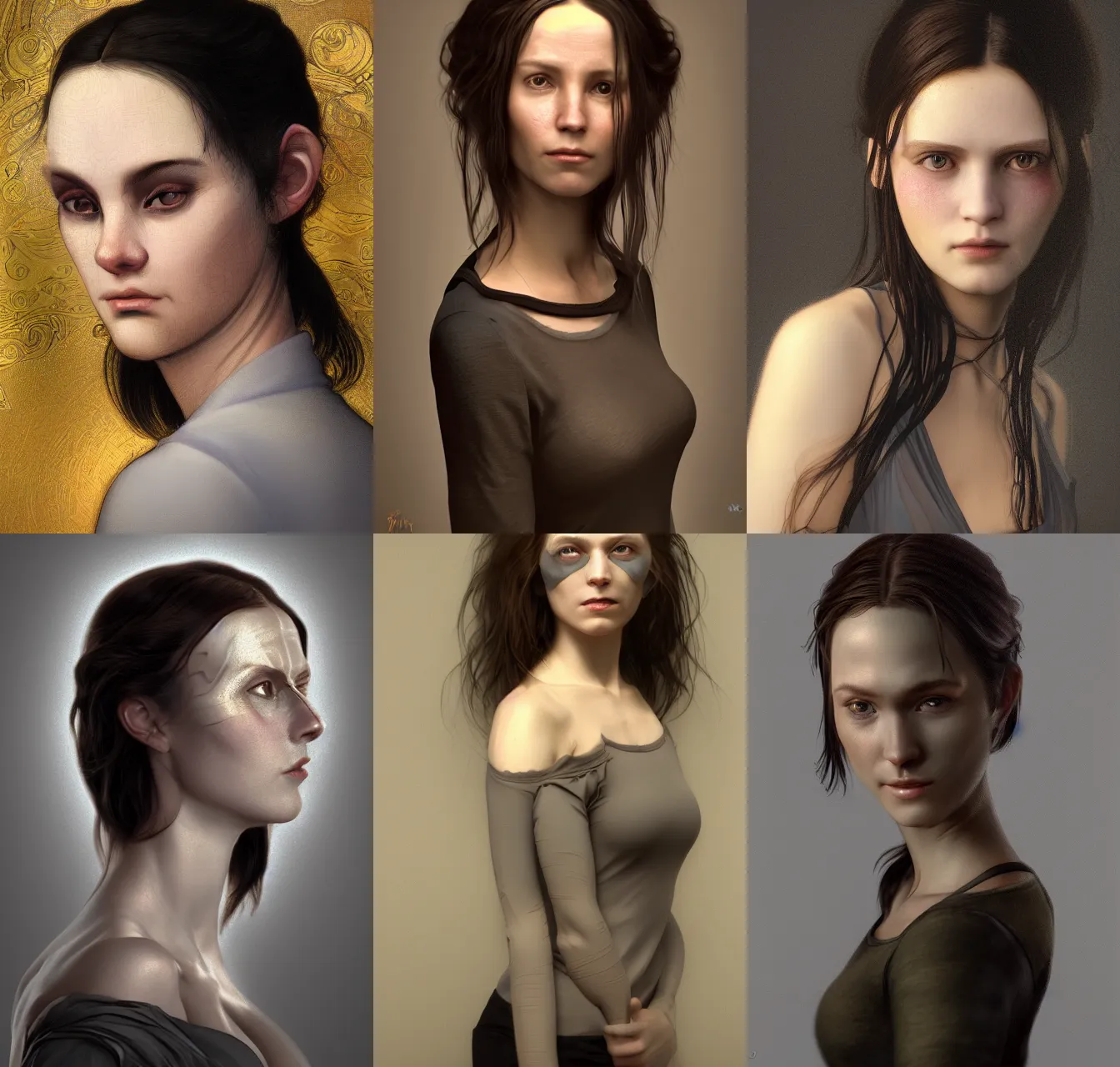 Prompt: portrait of a woman wearing a dark shirt, upper body 2d game avatar, default pose neutral expression, Donato Giancola, chiaroscuro lighting, Alphonse Mucha/Gustav Klimt style, alpha masked transparent flat grey background, 4k, volumetric lighting, French Nouveau, trending on artstation, octane render, hyperrealistic