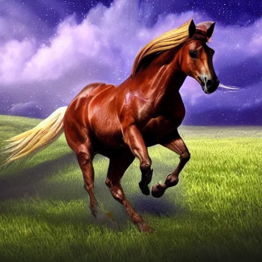 Image similar to fantasy art 4 second video of a horse running in a meadow