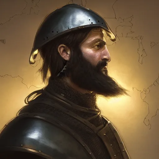 Image similar to Closeup of frustrated male medieval sergeant with a {short} beard wearing a {black!!!! and yellow tabard} over a steel breastplate and a black gambeson looking up from a map on a table, intricate, dramatic lighting illustration by Greg Rutkowski, ArtStation, digital art, fantasy