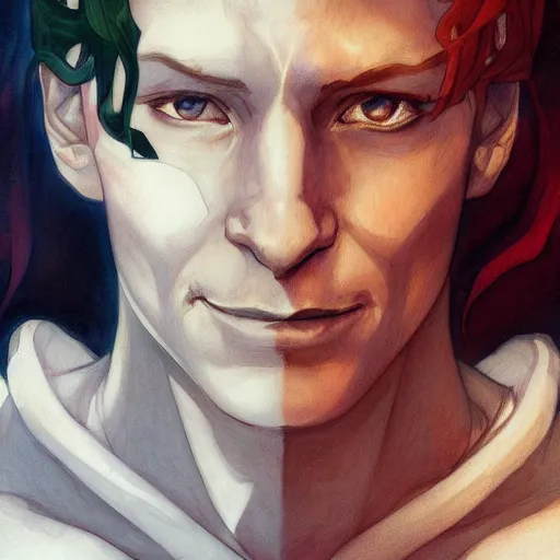 Image similar to hisoka, young tom hiddleston, cel - shaded animesque art by artgerm and greg rutkowski and alphonse mucha, smooth white skin, smirking face, reddish hair, d & d, fantasy, feminine portrait, highly detailed, digital painting, trending on artstation, concept art, sharp focus, illustration