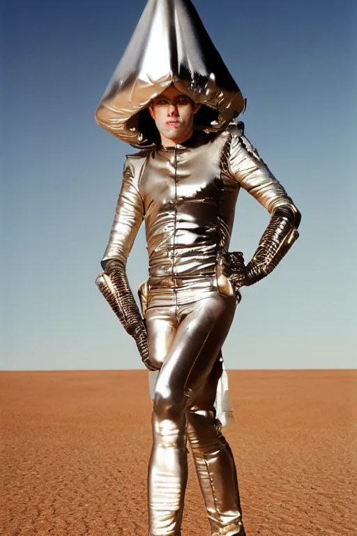 Image similar to portrait davis taylor brown dressed in 1 9 8 1 space fantasy fashion, avante garde, shiny metal, standing in a desert