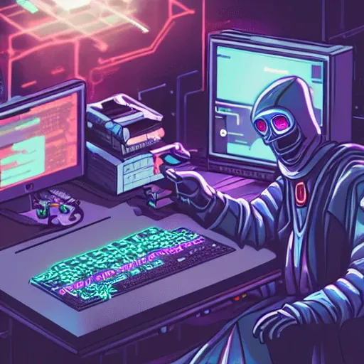 Prompt: a lich sitting in front of a computer writing code, phylactery in his other hand, cyberpunk style