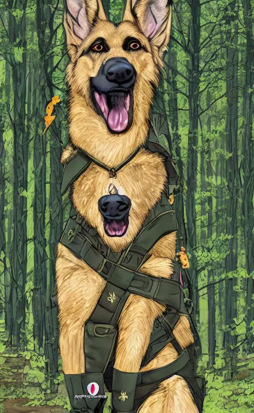 Image similar to close up character portrait icon of the german shepard military uniform head animal person fursona wearing clothes standing in the bright forest, hidari, color page, tankoban, 4 k, tone mapping, akihiko yoshida