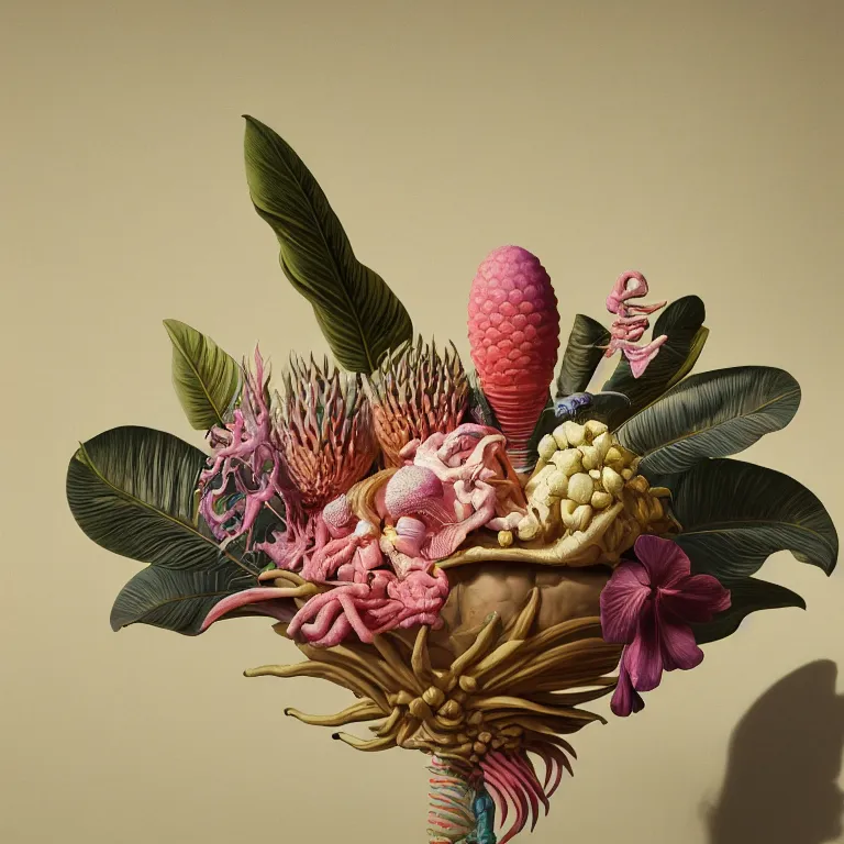 Prompt: still life of surreal alien pastel tropical flowers, surreal alien ribbed tropical fruit, white human spine, baroque painting, beautiful detailed intricate insanely detailed octane render, 8K artistic photography, photorealistic, chiaroscuro, Raphael, Caravaggio