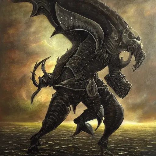 Image similar to arrogant knight reaches casually into the abyss, only to be met with unimaginable horrors from beyond, dark fantasy, oil painting, high detail