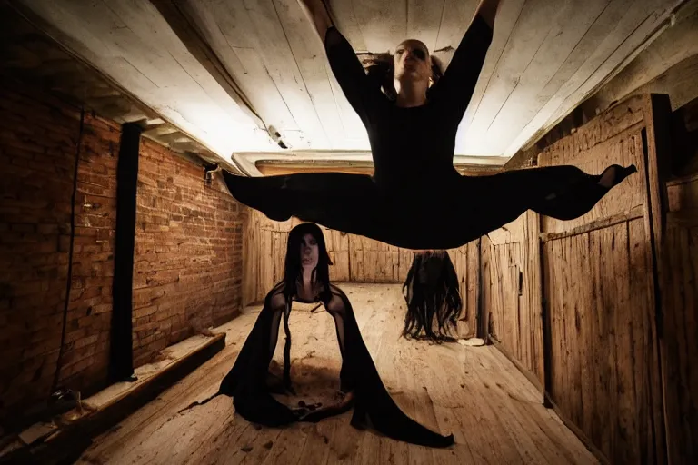 Image similar to levitating goth woman in the attic, demonic magic ritual by Emmanuel Lubezki