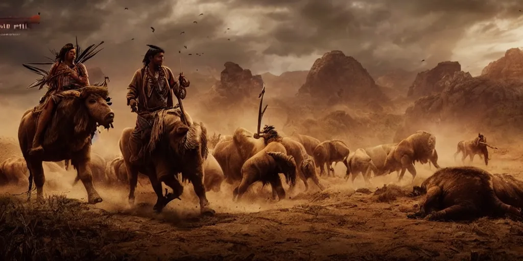 Prompt: indian tribe on wood ATV attacking bisons, action scene, an epic western, dramatic lighting, cinematic, establishing shot, extremely high detail, photorealistic, cinematic lighting, artstation, octane render, old photo, buffalo hunt movie, alpha movie, western