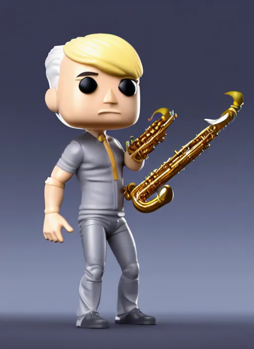 Image similar to full body 3d render of blond futuristic man playing sax as a funko pop!, studio lighting, grey background, single body, no shadow, blender, trending on artstation, 8k, highly detailed