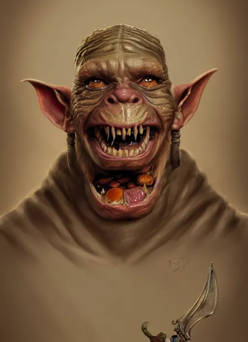 Image similar to face portrait of a medieval goblin eating cakes, beautiful face, hyper realistic, highly detailed, digital painting, artstation, illustration, concept art by hyung tae and frank frazetta, digital paint, matte paint, washed colors, dark, gloomy