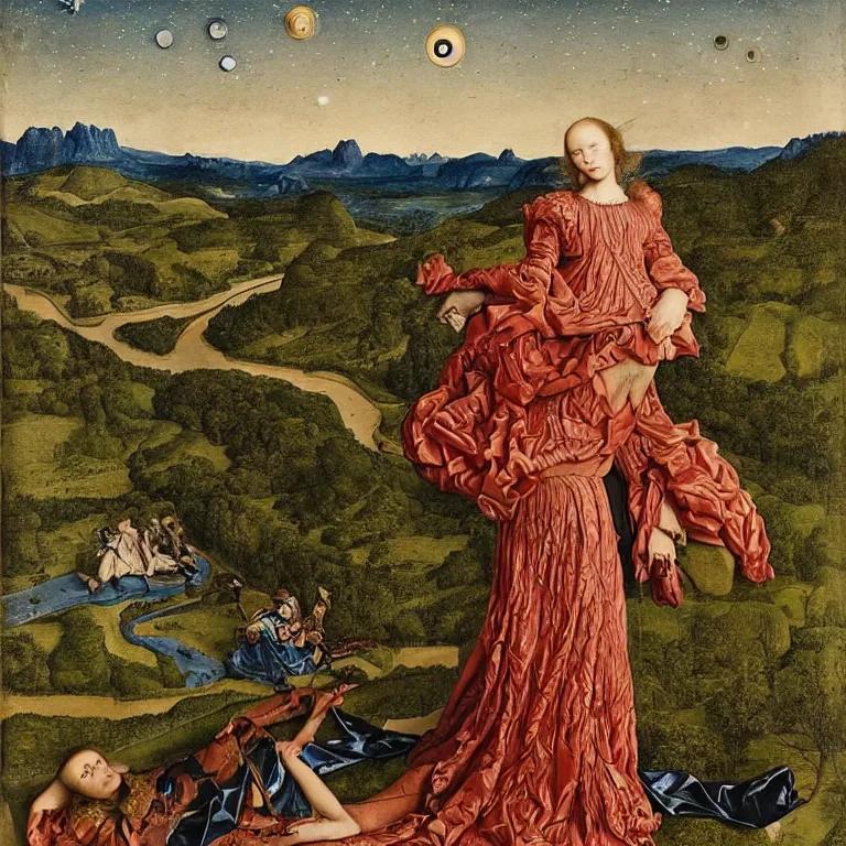 Prompt: a wide mountainous river valley with venus with snake skin and feathers holding up the sky while the stars look like flowers by jan van eyck, character, full body, max ernst, hans holbein, portrait, fashion editorial