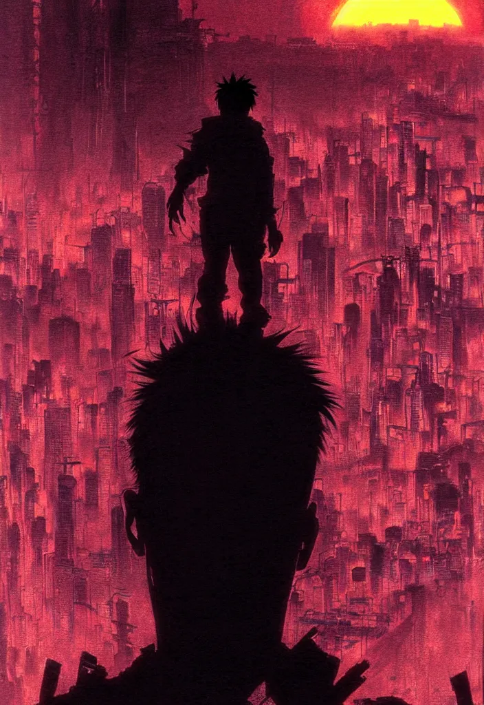 Image similar to tetsuo over neo - tokyo, silhouetted by a red sun | anime, matte painting, dystopian megacity neo - tokyo akira, shaded perfect, fine details. realistic shaded lighting anime manga artwork by katsuhiro otomo, akira, artgerm, jeremy lipkin and michael garmash and rob rey