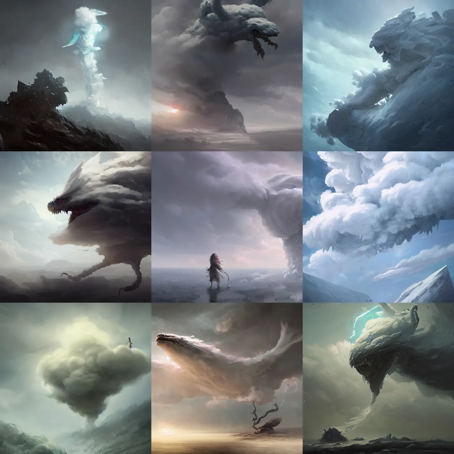 Prompt: air elemental creature made of clouds, concept art, smooth, sharp focus, illustration, greg rutkowski