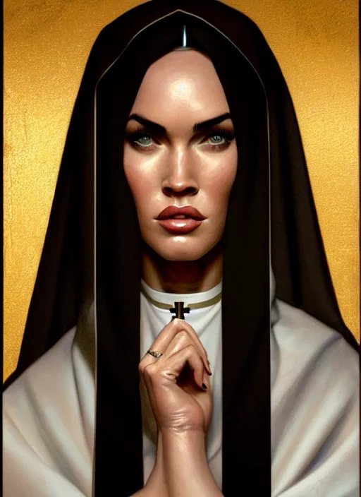 Image similar to portrait of megan fox as a nun, catholic, church, bible, christian, intrigante, headshot, highly detailed, digital painting, artstation, concept art, sharp focus, cinematic lighting, illustration, art by artgerm and greg rutkowski, alphonse mucha, cgsociety