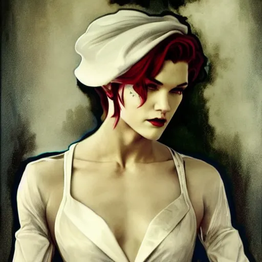 Image similar to beautiful portrait of androgynous ruby rose as desire from sandman in a white tuxedo!!!, rockabilly style, by alphonse mucha, cedric peyravernay, by jeremy mann, by frank moth, white suit and black tie, soft lightning, high detailed, 8 k