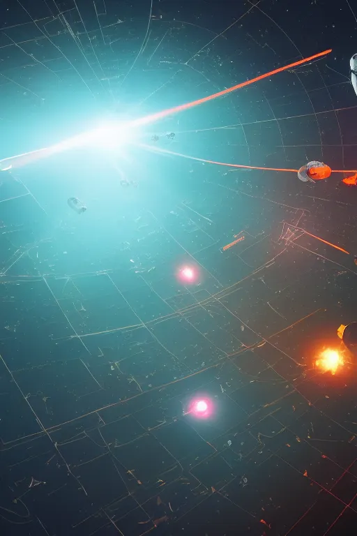 Image similar to wide view of a dozen futuristic spacemen firing lasers, zero gravity, floating, in space, bright, hiding behind obstacles, surrounded by a laser grid, stars visible, unreal engine, lensflares, low perspective, polygon, vector, heavy filmgrain