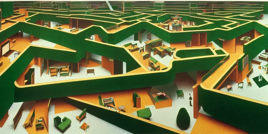 Prompt: huge sprawling gargantuan angular dimension of infinite indoor landscape 7 0 s green velvet and wood with metal office furniture. surrealism, mallsoft, vaporwave. muted colours, 7 0 s office furniture catalogue, shot from above, endless, neverending epic scale by escher and ricardo bofill, salvador dali landscape
