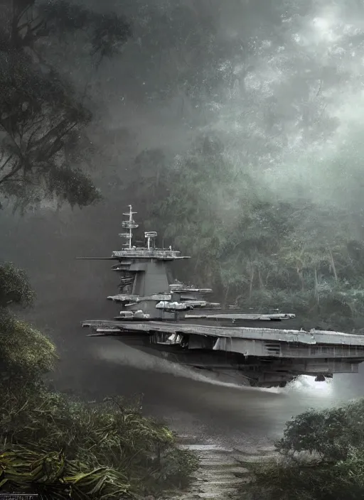 Image similar to aircraft carrier USS Nimitz overgrown with vegetation laying on the ground of a tropical forest, post appocalyptic, by Luis Royo, by Greg Rutkowski, dark, gritty, intricate, cover illustration, concept art, volumetric lighting, volumetric atmosphere, sharp focus, octane render, trending on artstation, 8k