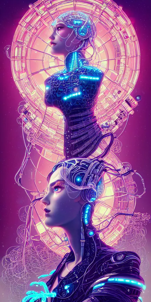 Image similar to high quality, high detailed portrait of a snow queen cyberpunk character in a futuristic world, hyperrealism, intricate details, cables, wires, connectors, led. tristan eaton, victo ngai, artgerm, rhads, ross draws, alphonse mucha, pastel colors, vintage, artstation, vector. 8 k