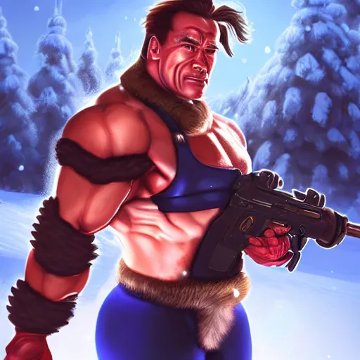 Image similar to a screenshot of arnold schwarzenegger as mei in the snow shooting frost gun in overwatch, portrait, fantasy, beautiful face, vivid colors, elegant, concept art, sharp focus, digital art, hyper - realistic, 4 k, unreal engine, highly detailed, hd, dramatic lighting by brom, trending on artstation