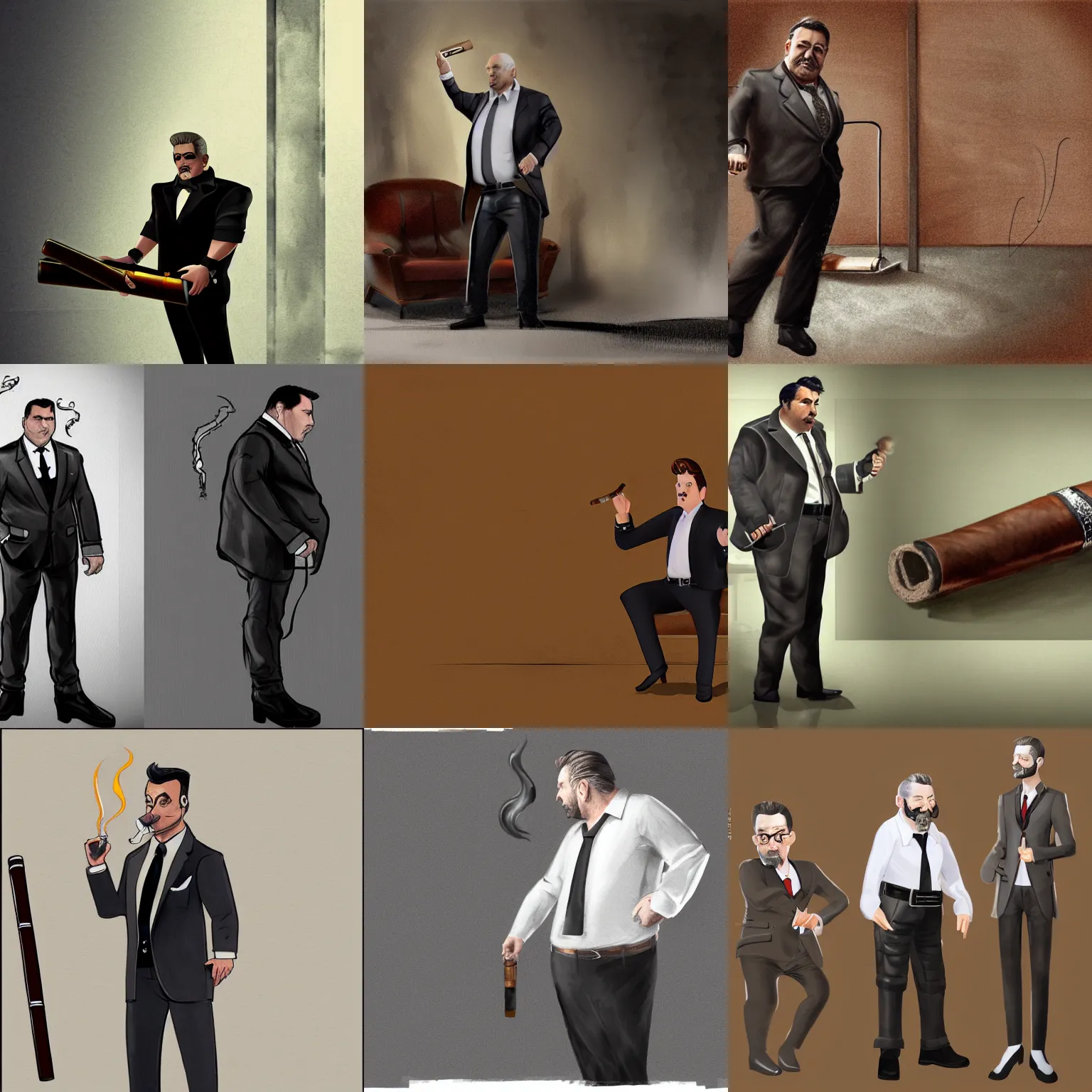 Prompt: a midage italian male, short hair with gel, overweight, fine white shirt, leather belt, black suit pants, leather shoes, smoking a cigar, full body, isolated background, concept art, highly detailed, unreal engine