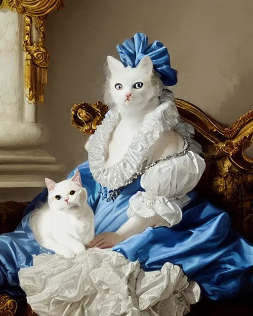 Prompt: cute white cat with blue eyes wearing a frilly blue silk dress, baroque rococo fashion, joseph ducreux, greg rutkowski, royal portrait, luxurious, opulent, regal