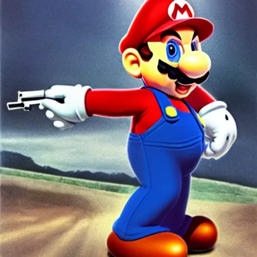 Prompt: !dream mario holding a gun , historical photo