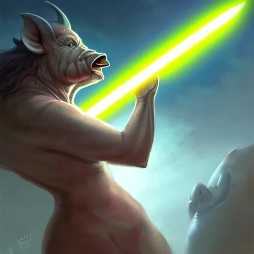 Image similar to cute anthropomorphic boar full as an jedi in a spaceship, body portrait, divine lightning, by greg rutkowski, by charlie bowater