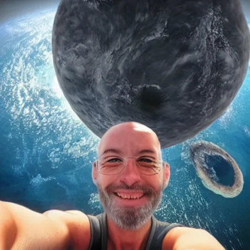 Image similar to selfie of a human at the end of the world, hyper realistic, extremely detailed