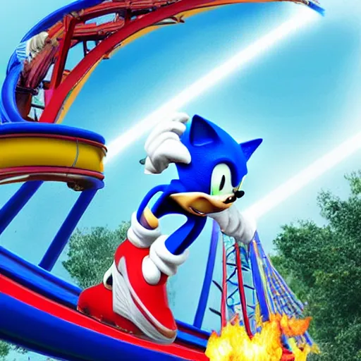 Image similar to hyper realistic sonic riding a roller coaster on fire in disney land