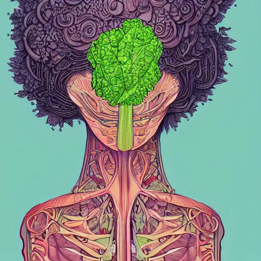 Image similar to the anatomy of a head of lettuce that looks like a pretty and handsome girl, an ultrafine detailed painting by james jean, intricate linework, bright colors, studio ghibli, behance contest winner, vanitas, angular, altermodern, unreal engine