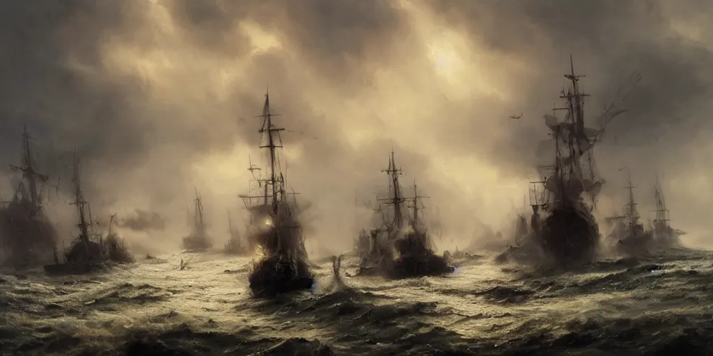 Image similar to Hyper realistic oil painting of a medieval fleet being sunk, stormy weather, dark clouds, fog, moody cinematic lighting, atmospheric, dark, by Greg Rutkowski, trending on artstation