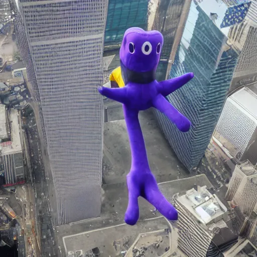 Image similar to Barney the Dinosaur flying a 777 right into one of the world trade center buildings