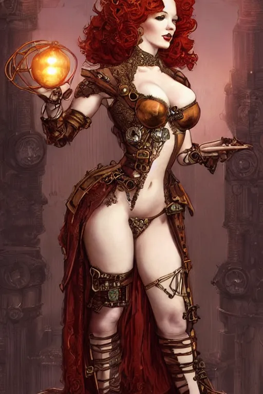 Prompt: three-quarters standing pose Christina Hendricks as a sensual Lady Mechanika, very beautiful young woman, ginger wavy hair, Victorian-era push-up underwire. Intricate, steampunk imagery themed, D&D!, fantasy style, sharp focus!, ultra detailed, art by Artgerm and Peter Andrew Jones, WLUP