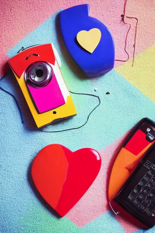 Image similar to two old phones, little hearts in the air, pop colours,