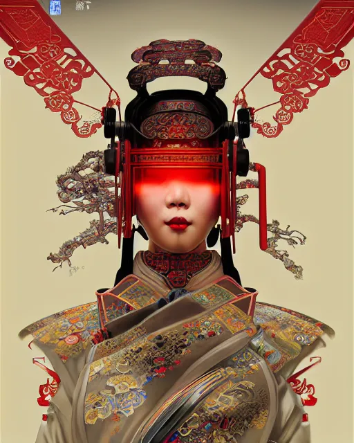 Image similar to portrait of a chinese cyberpunk machine, machine face, robed, upper half portrait, decorated with chinese opera motifs, regal, asian, fine china, wuxia, traditional chinese art intricate intense elegant 京 剧 highly detailed digital painting artstation concept art smooth sharp focus illustration, art by artgerm and greg rutkowski alphonse mucha 8 k