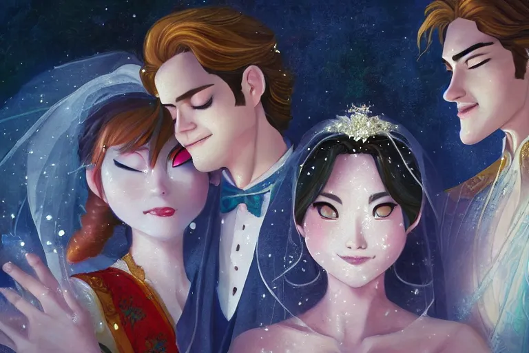 Image similar to a cinematic portrait of wedding photograph jpeg close up moment of a divine a japan sun god and moon goddess lovers magician at a wedding banquet. portraiture. digital painting. artstation. concept art. wedding photo. illustration. frozen ii art masterpiece by art by krenz cushart