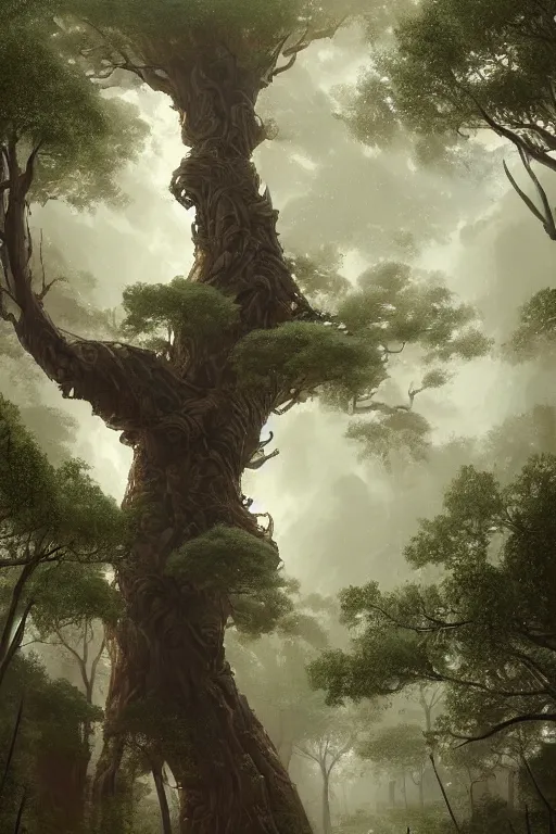 Prompt: a beautiful and detailed matte painting of a massive, tall, rich tree, digital art, painted by greg rutkowski