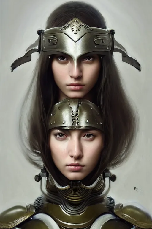 Image similar to a photorealistic painting of an attractive young girl, partially clothed in metal-plated battle armor, olive skin, long dark hair, beautiful bone structure, symmetrical face, perfect eyes, intricate, elegant, digital painting, concept art, illustration, sharp focus, minimal artifacts, from Metal Gear, in the style of Ruan Jia and Mandy Jurgens, by Greg Rutkowski, trending on Artstation, award winning