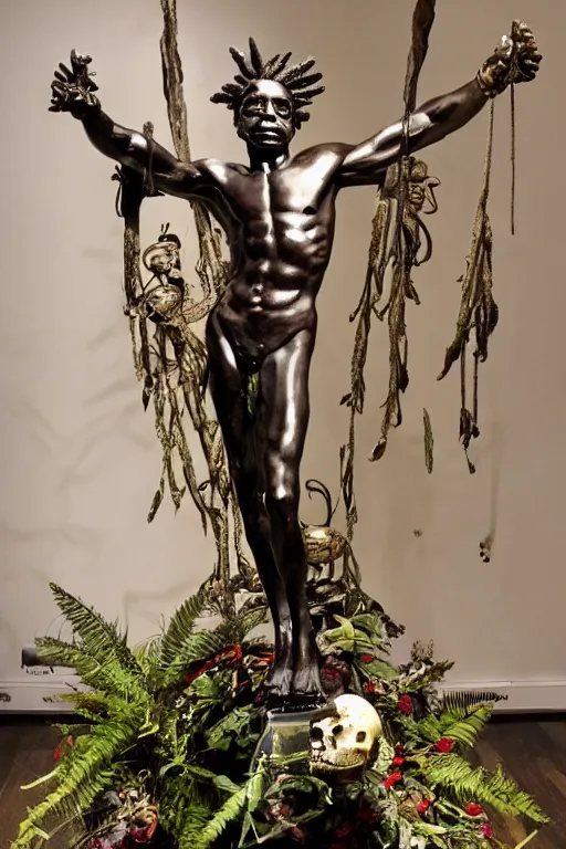 Prompt: Jean-Michel Basquiat as a bronze full-body statue of Icarus spreading his arms and arching his back for flight, glowing quartz crystal skull, wreath of ferns, flowing sakura-colored silk, fabric, flowers. baroque elements, human skull. full-length view. baroque element. intricate artwork by caravaggio. many many birds birds on background. Trending on artstation. halo. octane render, cinematic, hyper realism, octane render, 8k, depth of field, 3D