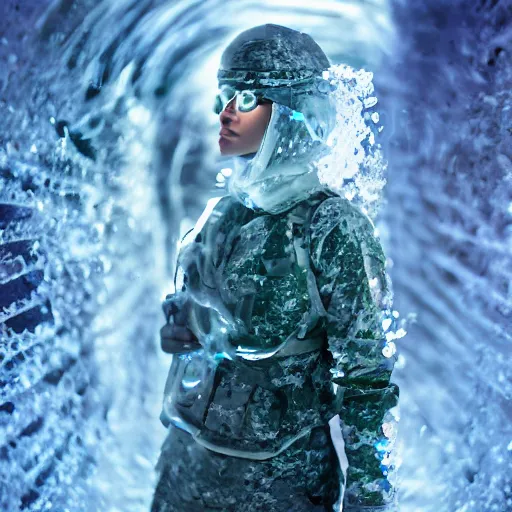 Image similar to futuristic female soldier eyes closed partly submerged in highly viscous clear fluid, frost particles, ice needles, cold blue light, complex hyperdetailed technical suit. white hair flowing. reflection. rays and dispersion of light. volumetric light. 5 0 mm, f / 3 2. noise film photo. ultra realistic, wide angle.