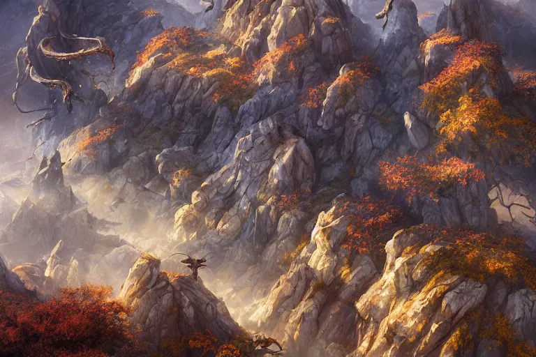 Image similar to high aerial shot, cinematic fantasy painting, dungeons and dragons, barren dry land, desert valley of bones, isolated autumn maple bonsai, with sunset lighting ominous shadows by jessica rossier and brian froud and hr giger