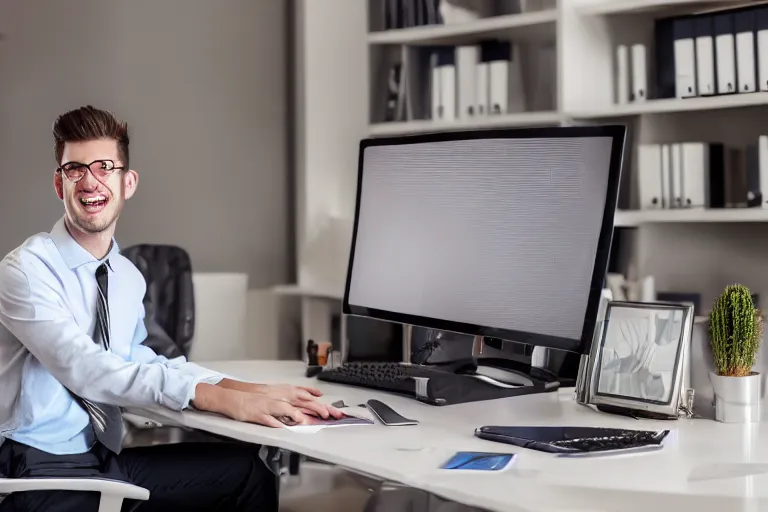 Prompt: handsome young man, sitting at office desk, smiling, dalmatian skin, hyper realistic, 4 k, bright, happy, photograph, high detail,