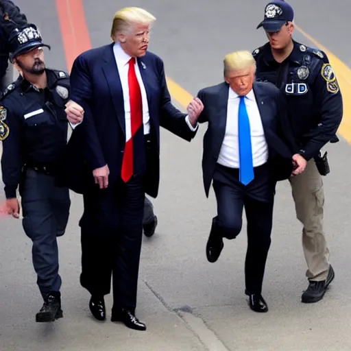 Image similar to Donald Trump being led away in handcuffs, perp walk, arrested