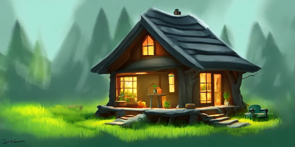 Prompt: a cozy little house in the woods, relaxing, concept art by scott zenteno