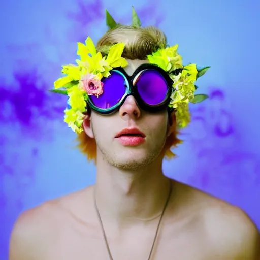 Prompt: close up kodak portra 4 0 0 milk bath photography of a skinny guy with blonde hair, aerial view, wearing cybergoth goggles, flower crown, moody lighting, telephoto, 9 0 s vibe, blurry background, vaporwave colors, dream aesthetic, dreamy aesthetic, faded!,