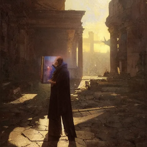 Image similar to half portait of magican wearing a closed cowl with big old book!, jeremy mann, jean leon gerome, alphonse mucha, greg rutkowski, hood covers his eyes, ( ( ruins of ancient rome ) ), at dusk, mysterious atmosphere, sunrays, dof, masterpiece, high detailed, 8 k