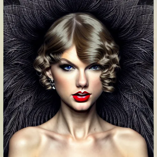 Prompt: face portrait of an absurdly graceful, elegant, sophisticated taylor swift covered in black feathers in the style of casey baugh, vladimir kush, yasunari ikenaga, yasar vurdem, william oxer, intricate, beautiful, artstation 8 k, high resolutionsparkling atom fractals of jewls cords